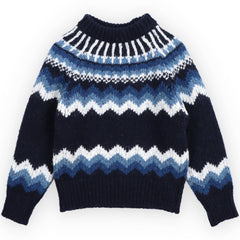 The Lucas Jumper from The New Society. Navy blue, white, and blue jacquard patterned sweater on a white background.