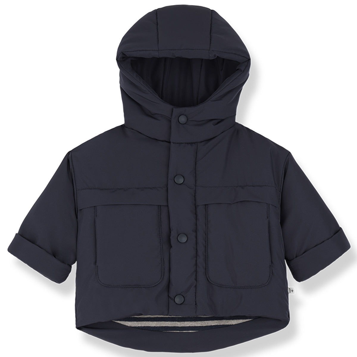 1+ in the Family The Lucca Padded Jacket in navy with hood, short sleeves and flap pockets