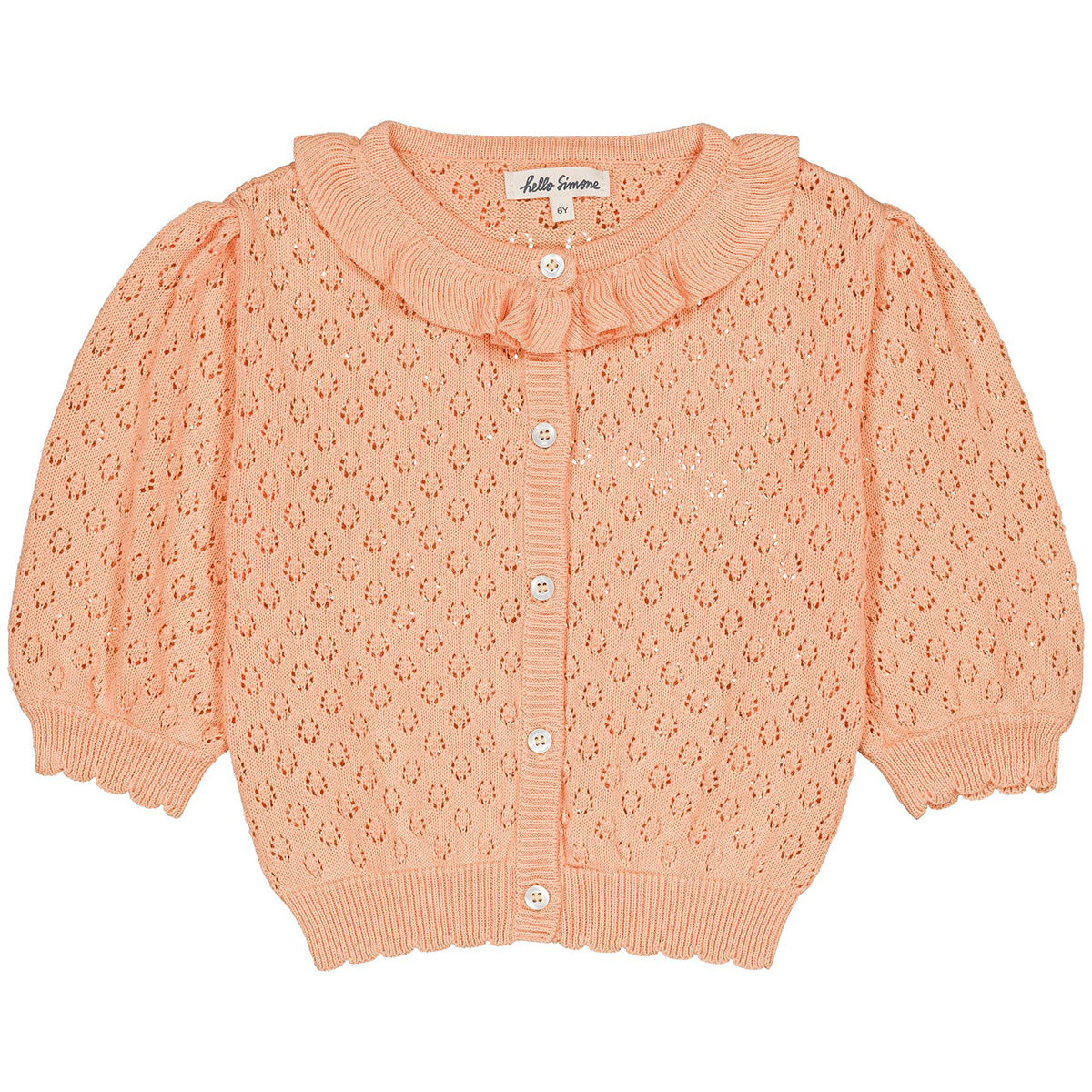 Hello Simone Lia Cardigan peach knit kids cardigan with pointelle pattern, ruffle collar and front button closure
