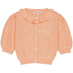 Hello Simone Lia Cardigan peach knit kids cardigan with pointelle pattern, ruffle collar and front button closure