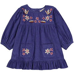 Lisane Baby Dress by Hello Simone in corduroy with floral embroidery, balloon sleeves and ruffled hem.