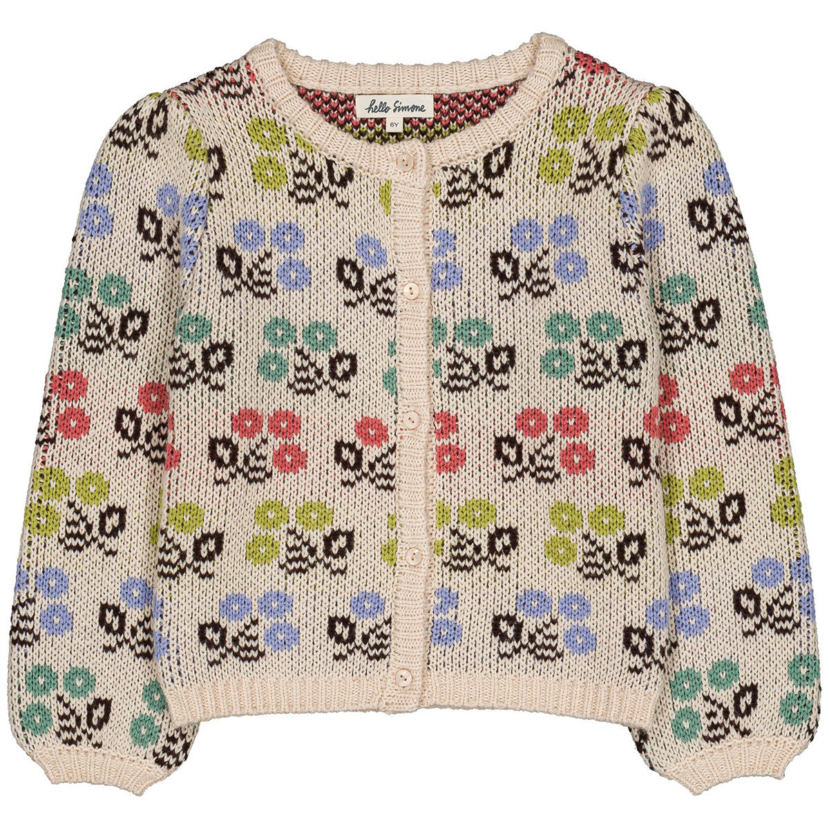 Lison Cardigan Spring by Hello Simone in colorful jacquard knit with ballooned sleeves.