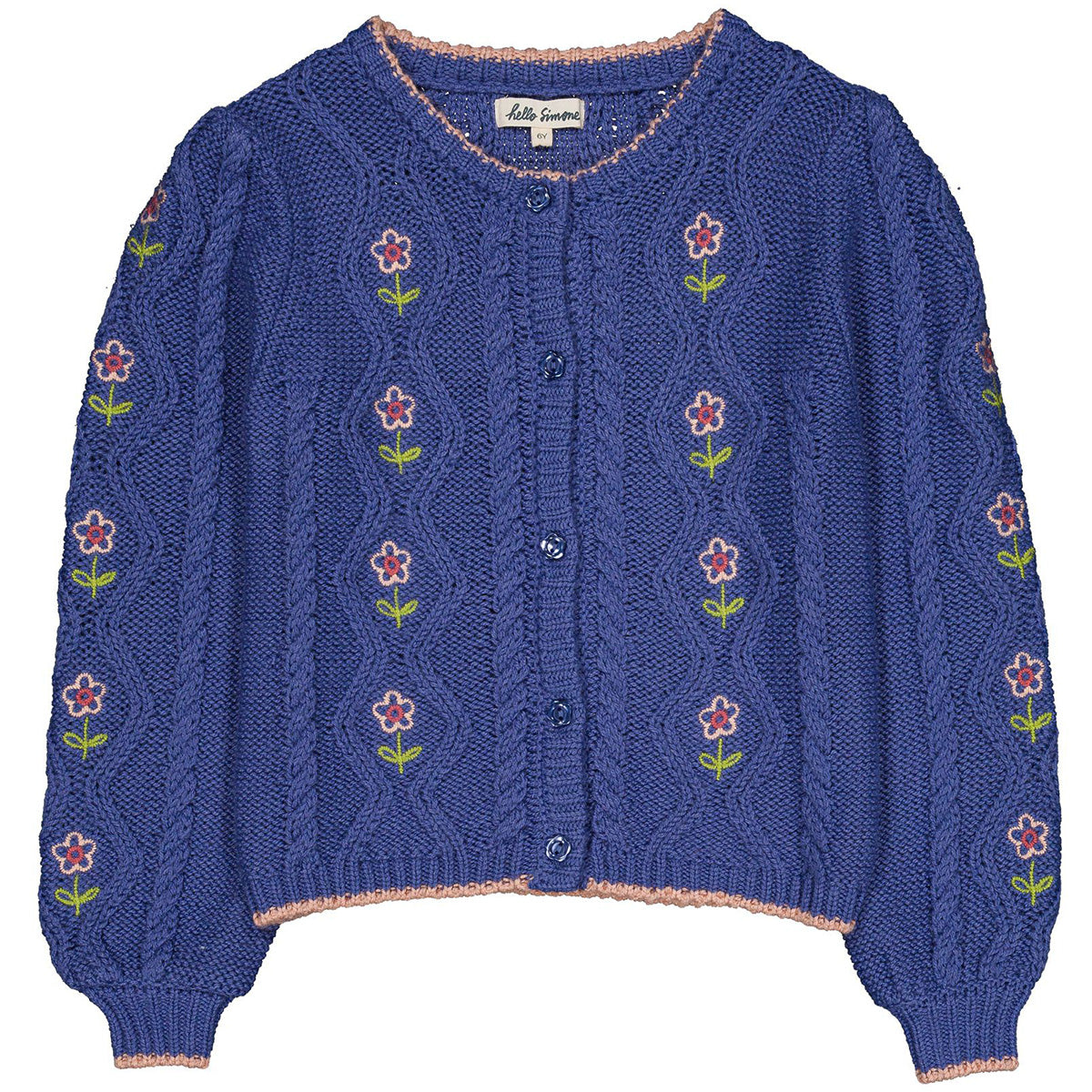 Hello Simone The Lison Cable Knit Cardigan with floral embroidery, balloon sleeves and flower button