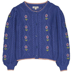Hello Simone The Lison Cable Knit Cardigan with floral embroidery, balloon sleeves and flower button