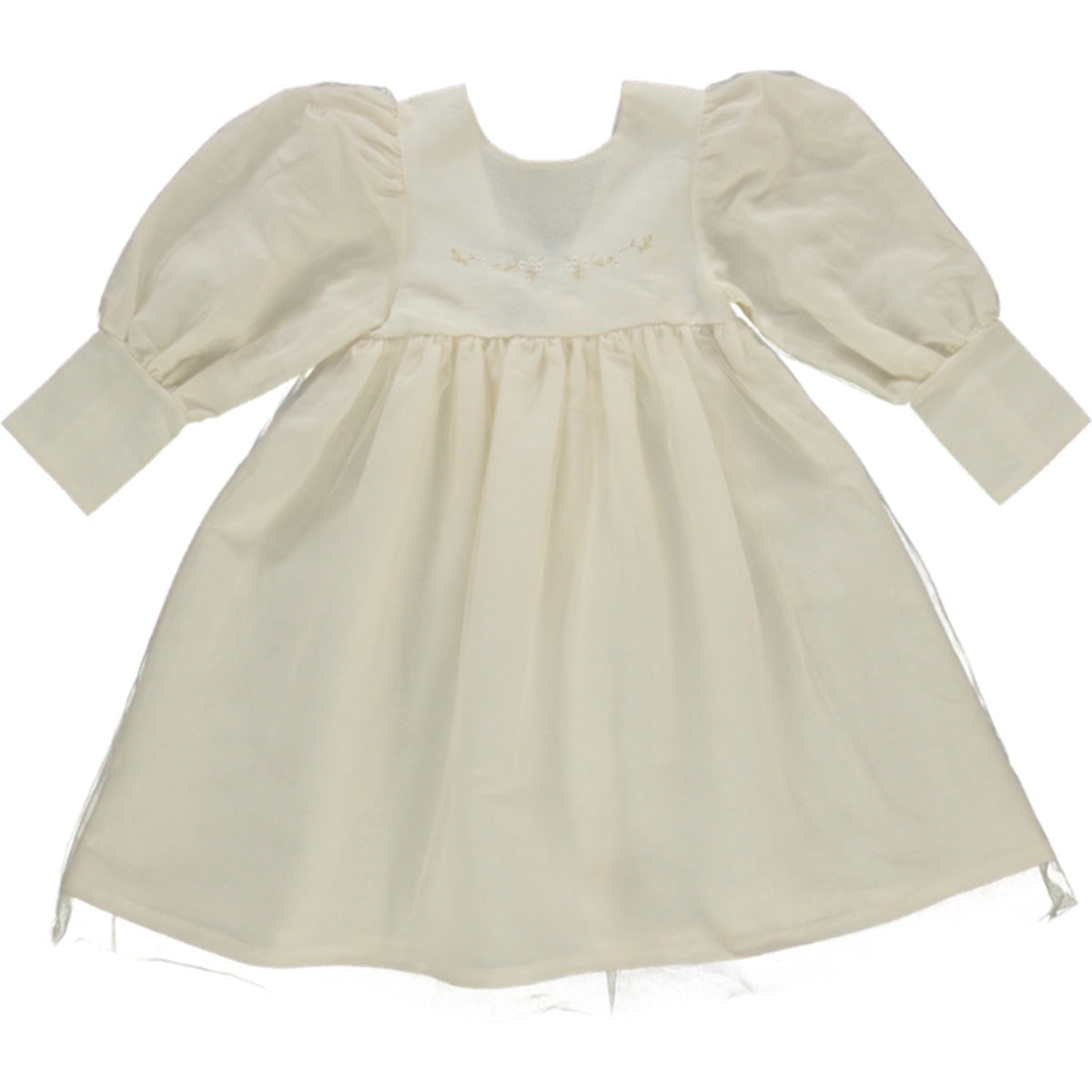 The Lou Anne Dress by Bebe Organic, ivory long-sleeve kids dress with sheer overlay, puff sleeves, delicate embroidery, and gathered skirt.
