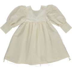 The Lou Anne Dress by Bebe Organic, ivory long-sleeve kids dress with sheer overlay, puff sleeves, delicate embroidery, and gathered skirt.