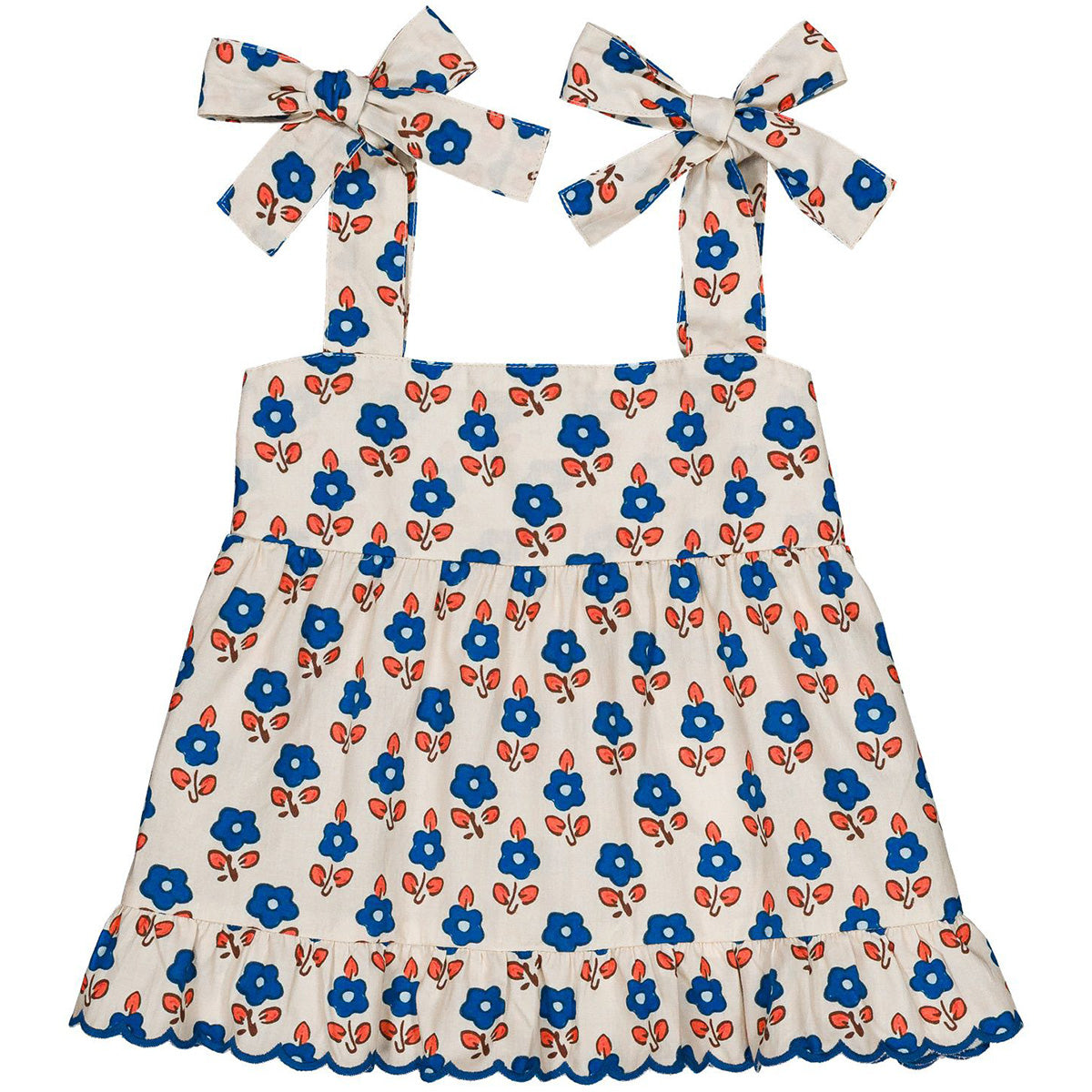 Hello Simone Lucie blouse, cream with blue and red floral print, tie straps and ruffled hem.