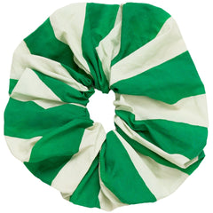The Stripes Mangostan Scrunchy in white and green is a chic and playful hair accessory featuring a striped pattern.