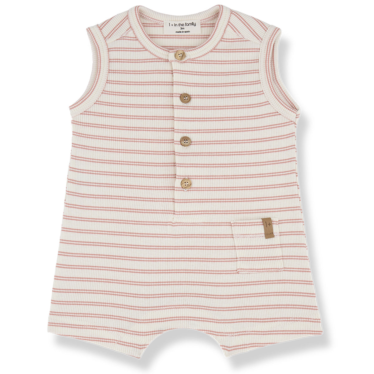 The Manu Romper from 1+ in the Family. A sleeveless baby romper with soft stripes, button details, and a small front pocket.