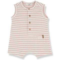 The Manu Romper from 1+ in the Family. A sleeveless baby romper with soft stripes, button details, and a small front pocket.