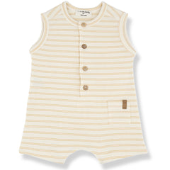 The Manu Romper from 1+ in the Family. A sleeveless baby romper with soft stripes, button details, and a small front pocket.