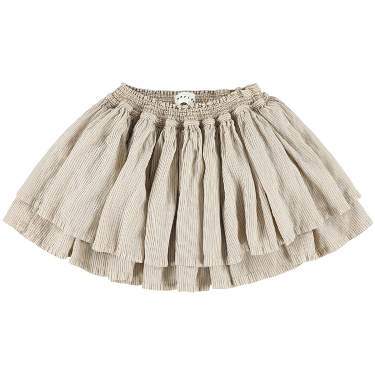The Margot Skirt from Morley. This charming tiered skirt features a delicate pinstripe pattern in barley shade.