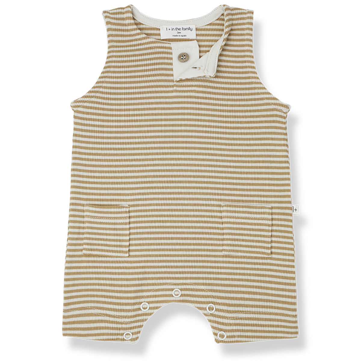 The Mauro Romper from 1 + in the Family. Sweet baby romper in a striped rib jersey fabric. 