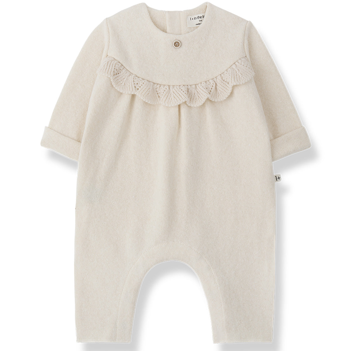 1+ in the Family The Merignac Jumpsuit in cream with knit collar and lace ruffle detail