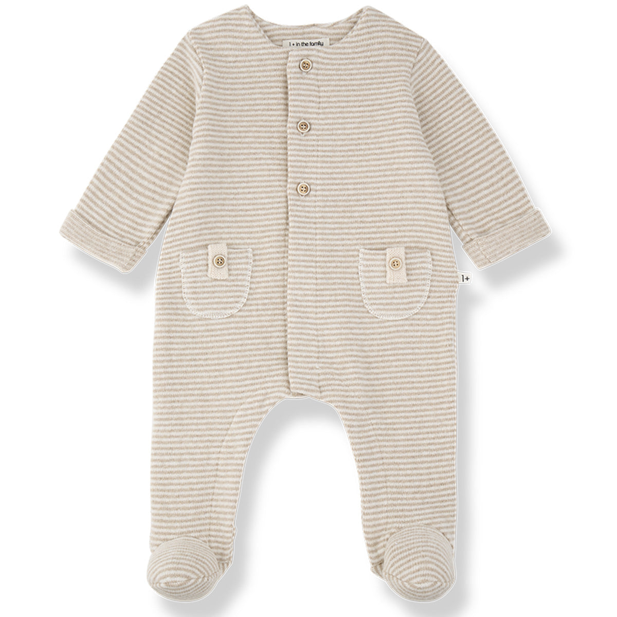 1+ in the Family The Metz Jumpsuit with Feet in beige and white stripes with pockets