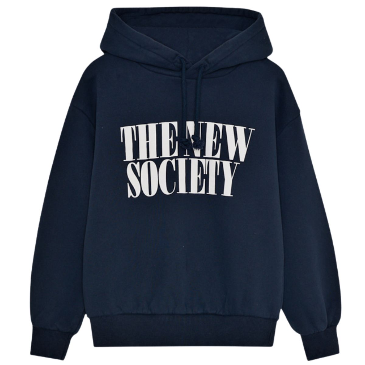 The Mica Sweatshirt from The New Society. Navy hoodie featuring a contrasting "The New Society" print.