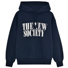 The Mica Sweatshirt from The New Society. Navy hoodie featuring a contrasting "The New Society" print.