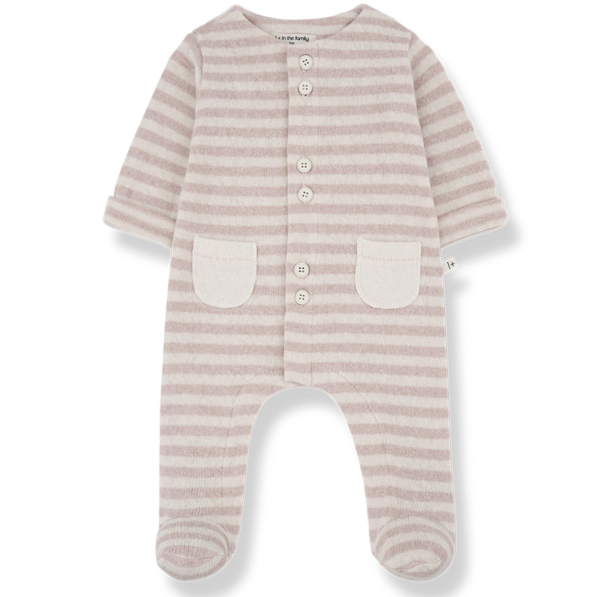 Milo Jumpsuit from 1+ in the Family. Striped footed onesie with long sleeves, front button closure, and two patch pockets.