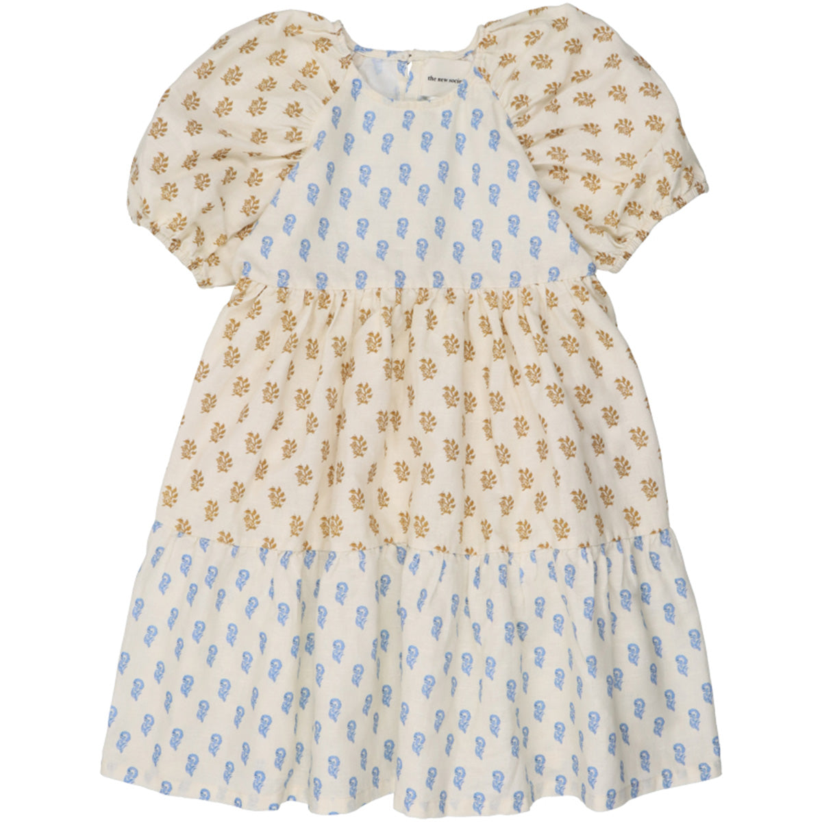 The Miracle Dress from The New Society. Short dress overt the knee in Cotton Linen in bicolor all over block print.