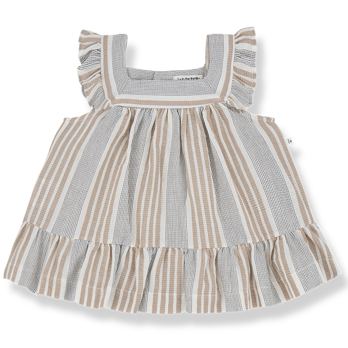 Miriam Dress from 1+ in the Family. This is a baby dress featuring a square neckline and delicate ruffle details.