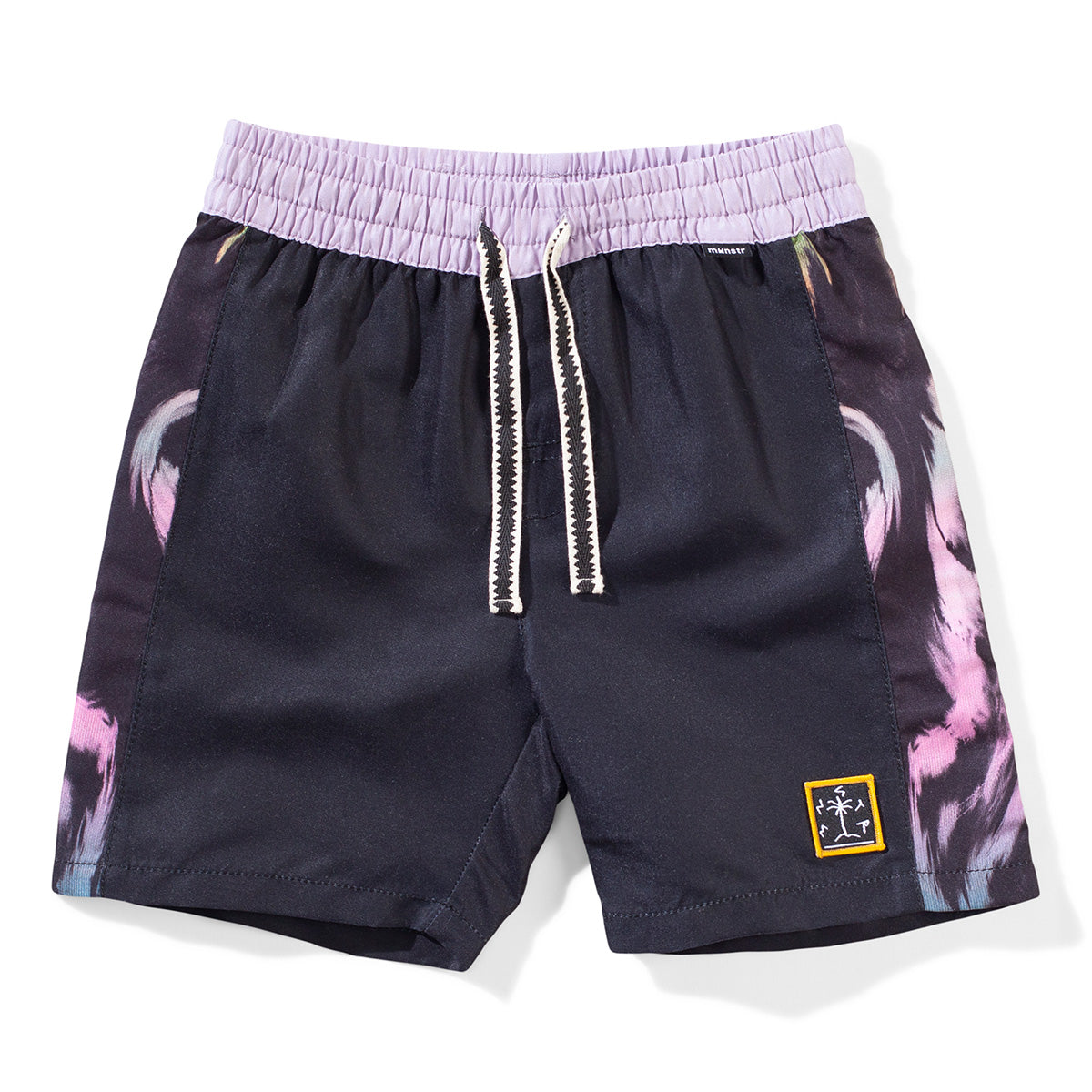 The Sideswirl Short from Munster. Embroidered patch in the front, Velcro pocket(s), Elasticated waist, Adjustable.