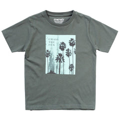 The Chase Tee from Munster. This green t-shirt has a cool, laid-back vibe with its palm tree print.