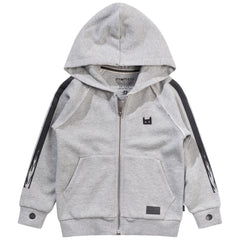 The Mundas Zip from Munster. This grey zip-up hoodie has a sporty yet edgy look with its black sleeve stripes.
