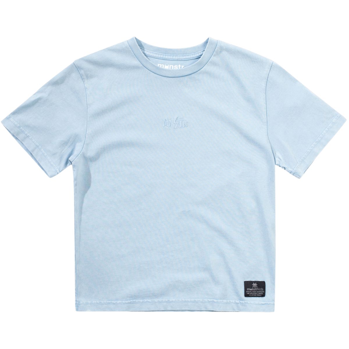 The Bento Boxtee from Munster. A soft sky-blue crewneck t-shirt with subtle chest embroidery and a relaxed fit.