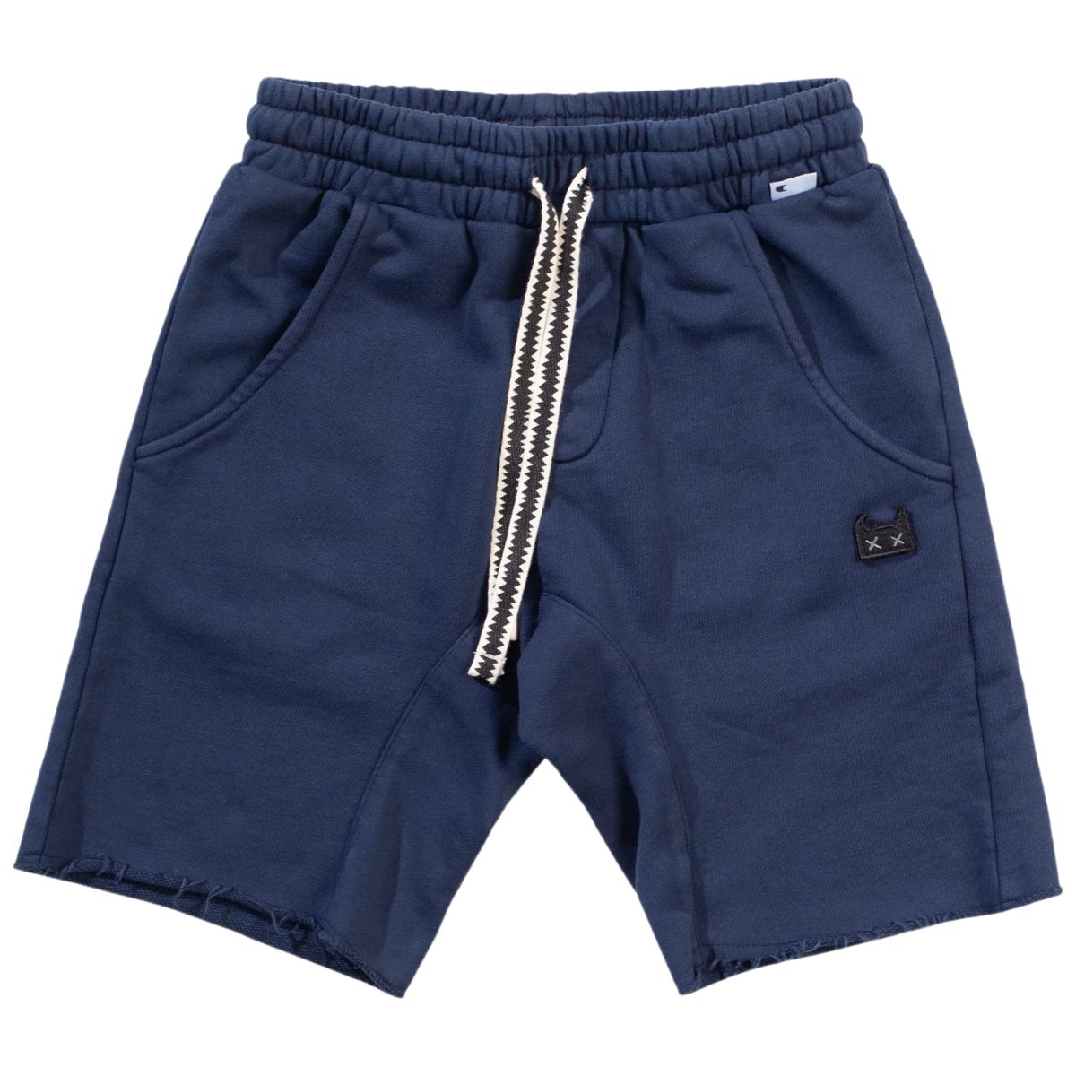 The Patch Mikey Short from Munster. Dark denim-colored shorts with a comfortable elastic waistband and contrast drawstring.