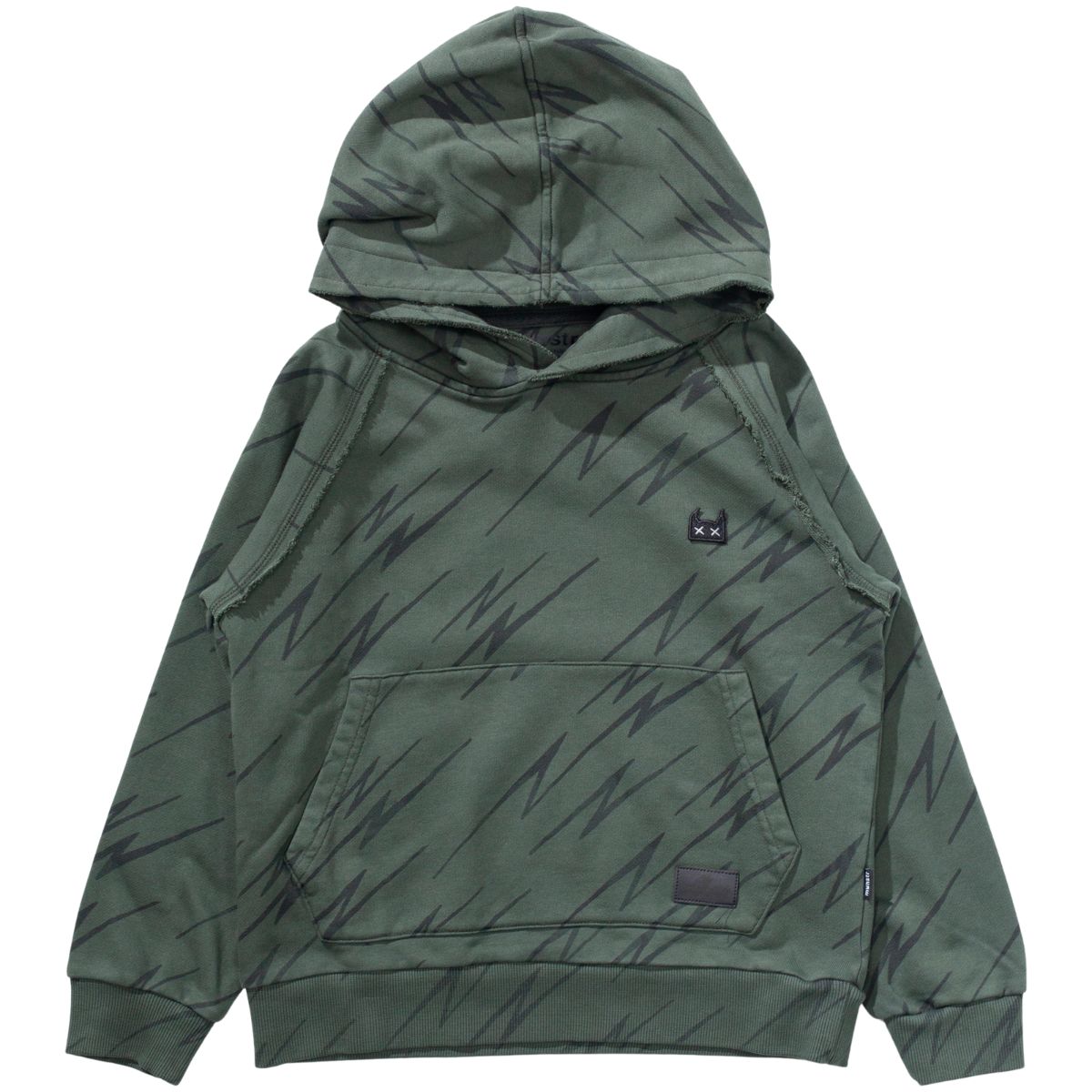 The Zapper Hoody from Munster. Printed hoodie with kangaroo pocket, ribbed trims, and small patch detail.