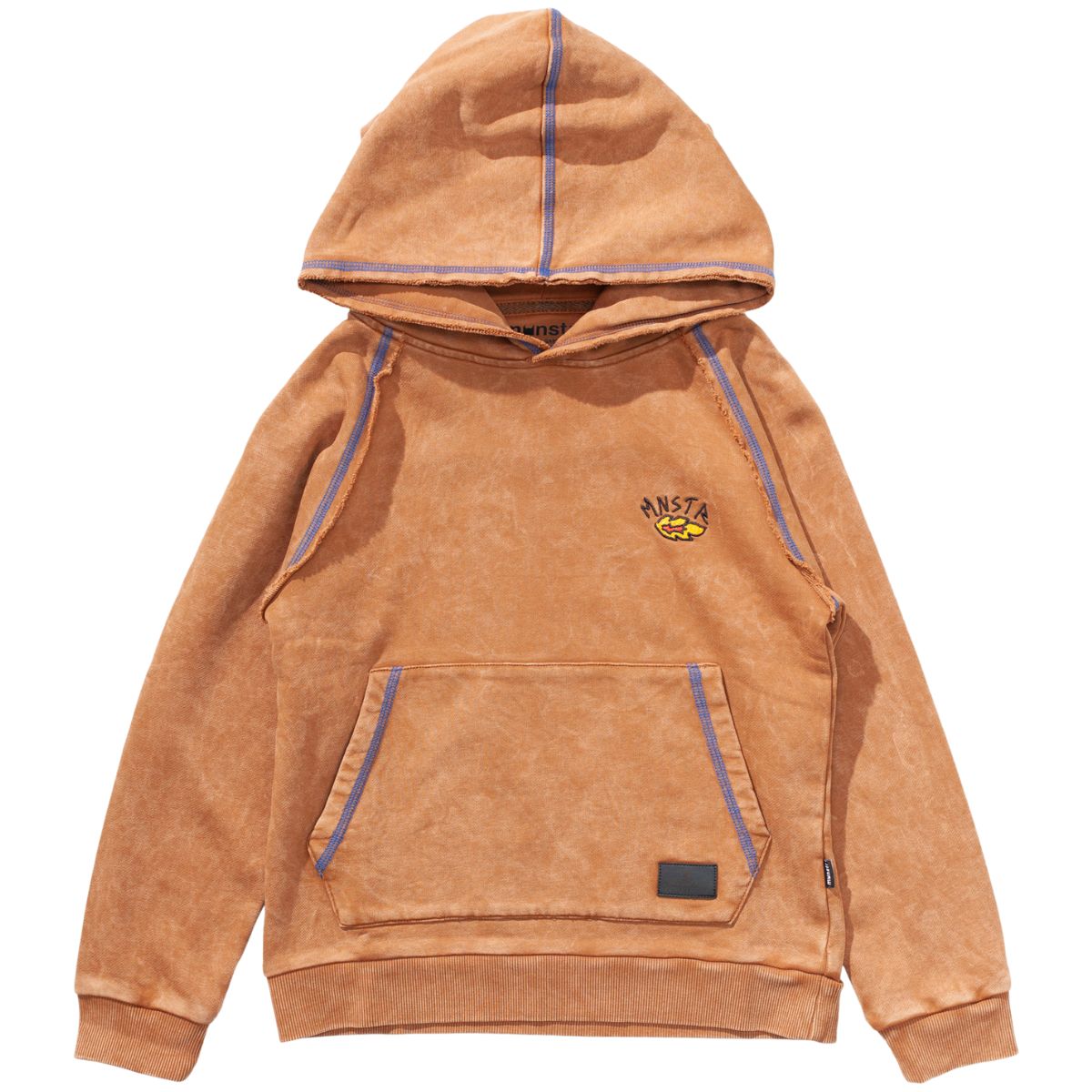 The Flatflock Hoody from Munster. Washed hoodie with contrast stitching, kangaroo pocket, ribbed trims.