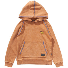 The Flatflock Hoody from Munster. Washed hoodie with contrast stitching, kangaroo pocket, ribbed trims.