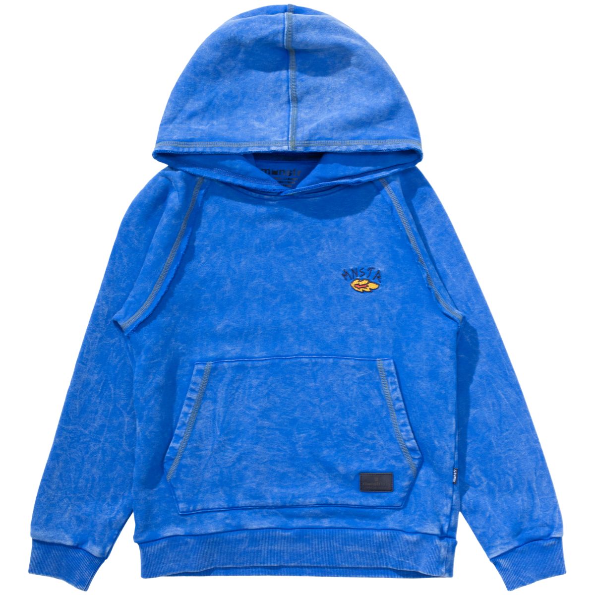 The Flatflock Hoody from Munster. Washed hoodie with contrast stitching, kangaroo pocket, ribbed trims.