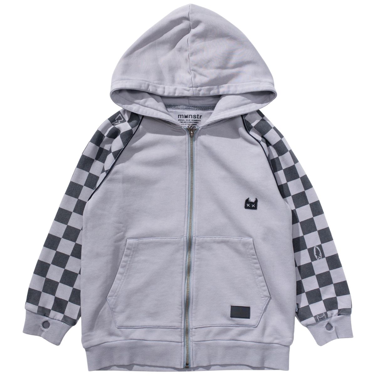 The Raceallday Zip Hoody from Munster. Light grey kids’ zip-up hoodie with checkered sleeves, kangaroo pocket.