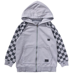 The Raceallday Zip Hoody from Munster. Light grey kids’ zip-up hoodie with checkered sleeves, kangaroo pocket.