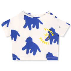 Mini Bon Bon Tee from Wynken with blue abstract creature print on ecru cotton, short sleeves, shoulder snaps
