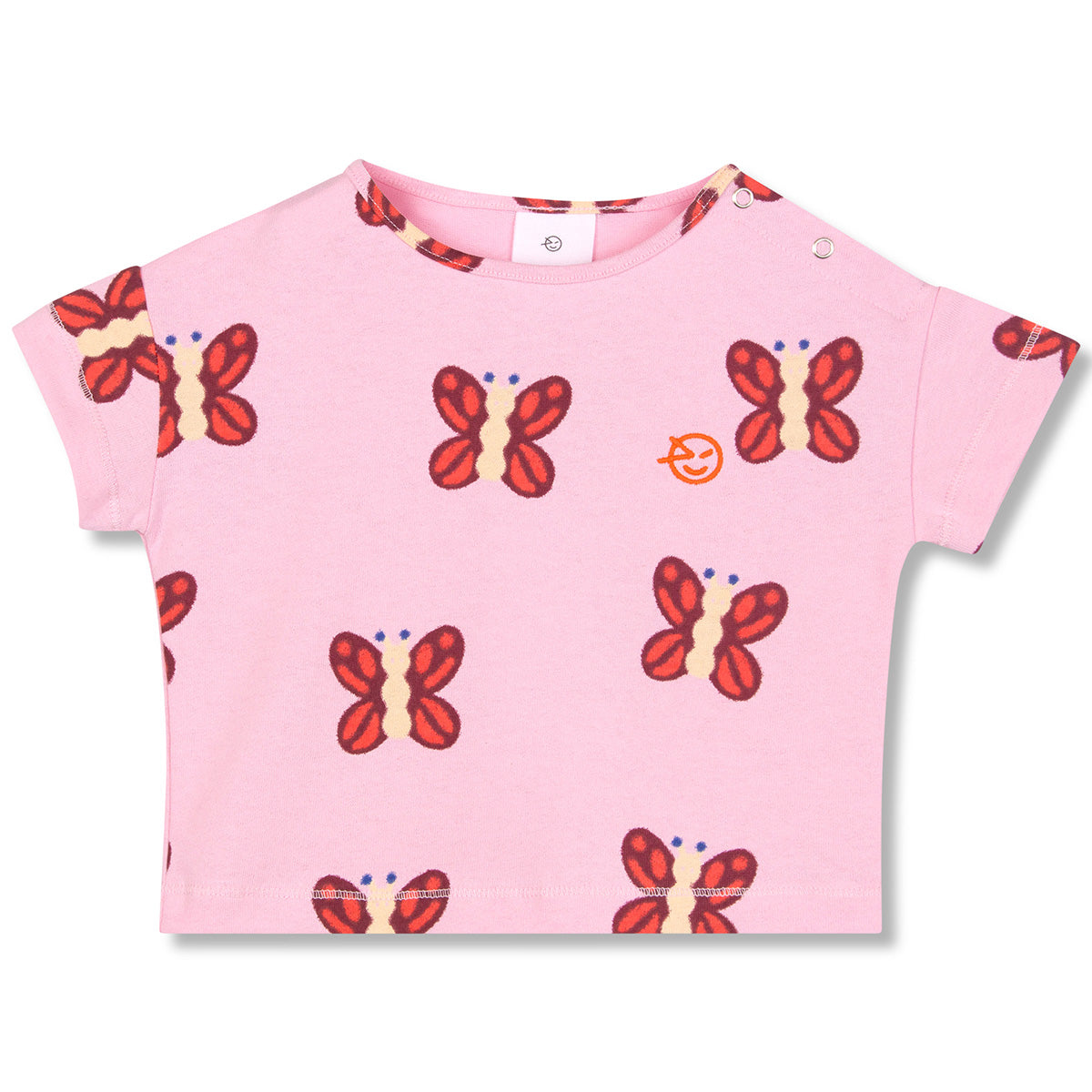 Mini Bon Bon Tee from Wynken in pink cotton with red butterfly print, short sleeves, logo detail