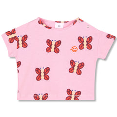 Mini Bon Bon Tee from Wynken in pink cotton with red butterfly print, short sleeves, logo detail