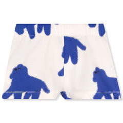Mini Bon Bon Short from Wynken in white cotton with blue abstract dog print, elastic waist