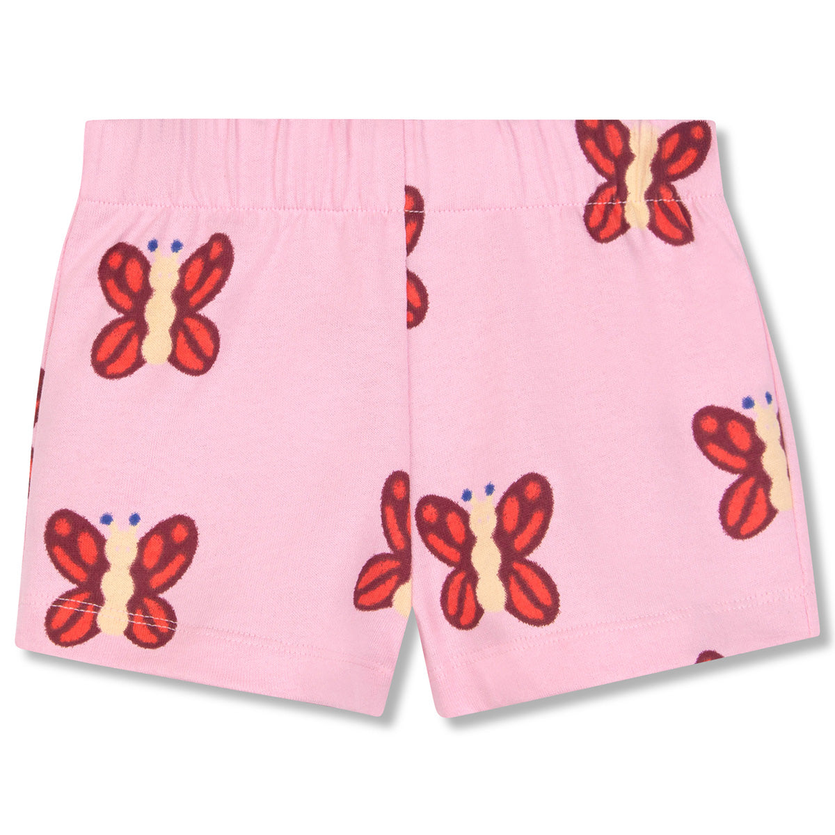 Mini Bon Bon Short from Wynken in pink cotton with red butterfly print, elastic waist