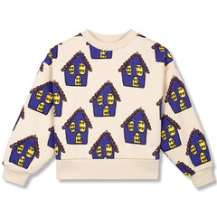 Mini Haus Sweater by Wynken, cream kids sweatshirt with colorful house print and long sleeves