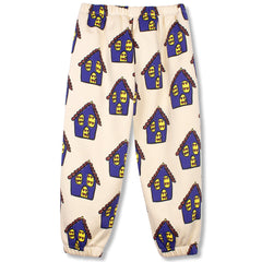 Mini Haus Pants by Wynken, cream kids jogger pants with colorful house print, elastic waist and cuffed ankles