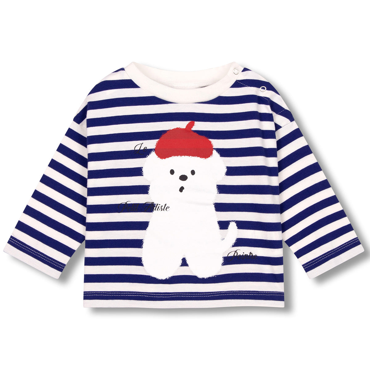 Wynken The Mini Le Petit Artiste Stripe Tee organic cotton with navy stripes and dog print