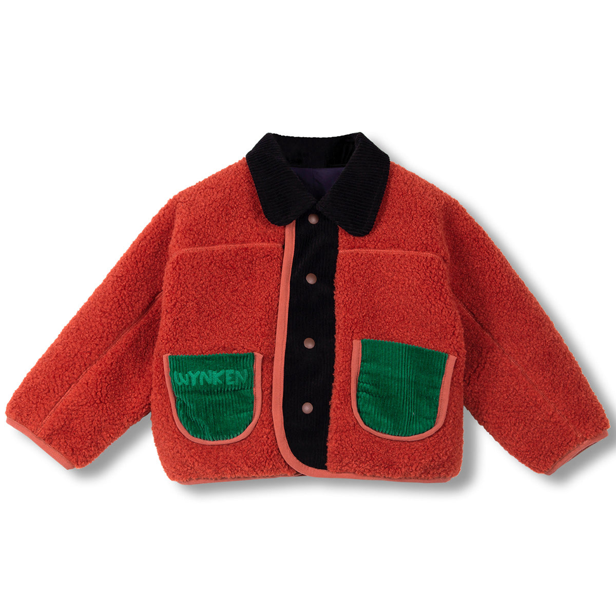 Mini Reversible Jacket by Wynken reversible kids jacket with rust teddy fleece, navy side, and snap buttons