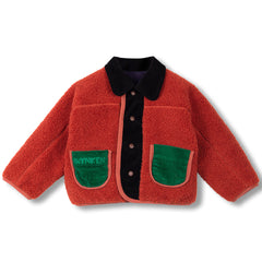 Mini Reversible Jacket by Wynken reversible kids jacket with rust teddy fleece, navy side, and snap buttons