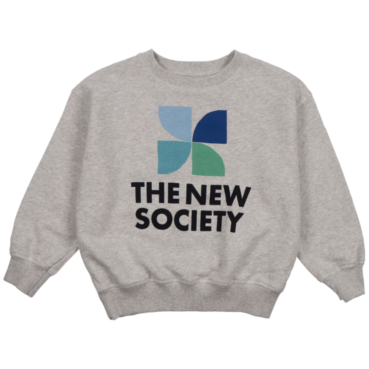 Mykonos Sweatshirt by The New Society in a stylish grey melange color, featuring a bold blue and green logo on the front.