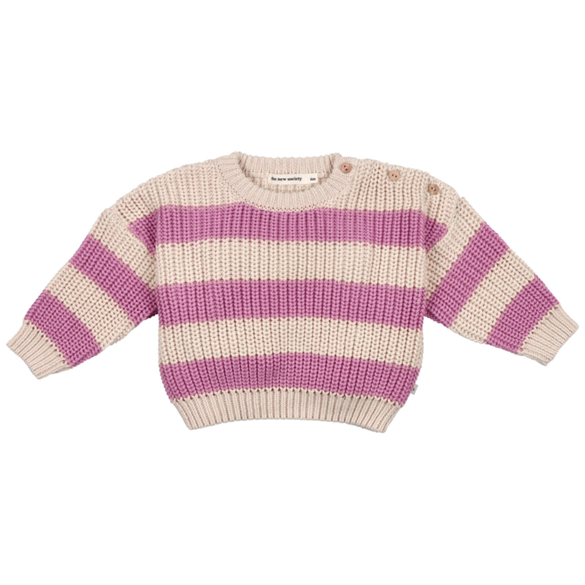 The Myra Baby Jumper Natural And Iris Lilac Stripes from The New Society. This slightly oversized piece boasts a relaxed