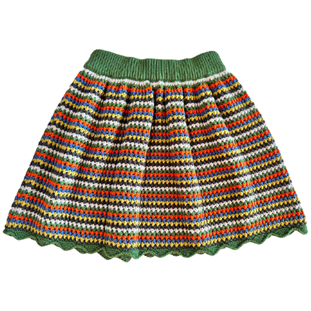 Porth Skirt by Mabli Knits. A gathered skirt with an elasticated waistband, finishing around knee length or just above.