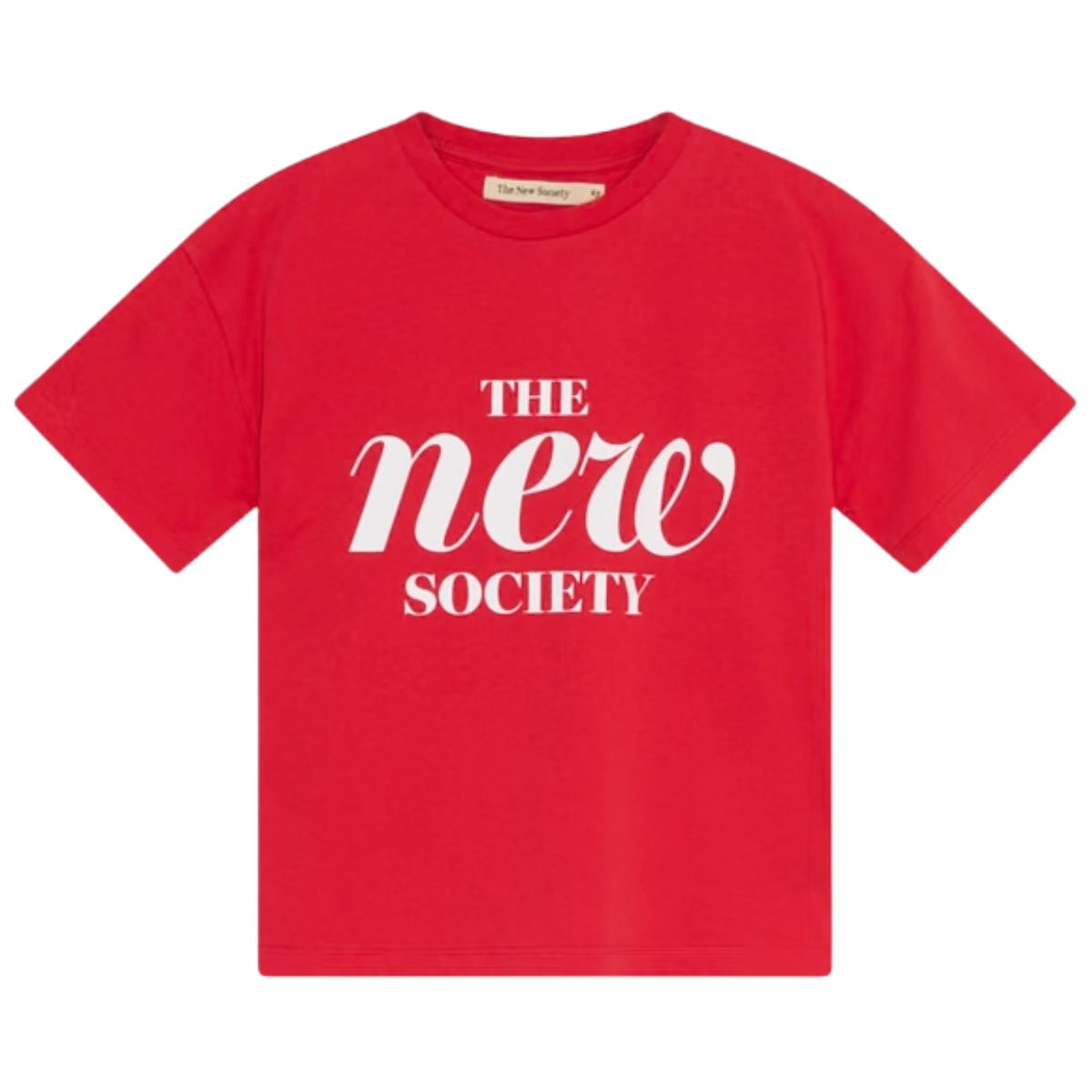 Maca Tee from The New Society in red with short sleeves and white logo print