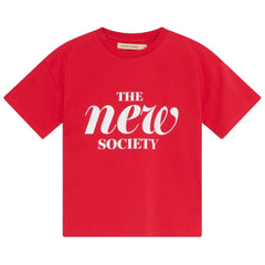 Maca Tee from The New Society in red with short sleeves and white logo print